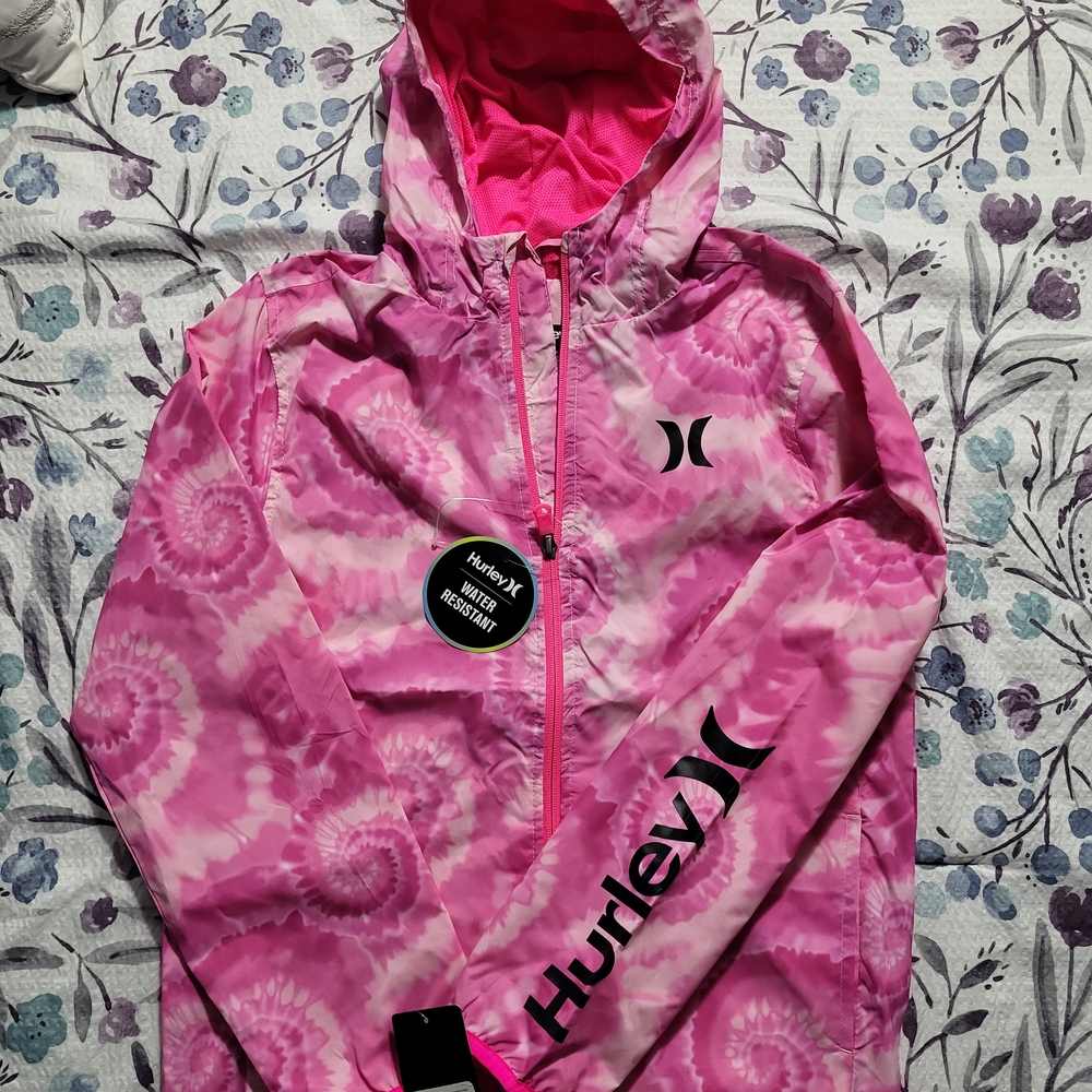 Hurley Kids Core Printed Windbreaker Jacket, HYPER PINK, Size Large, NEW w/tags